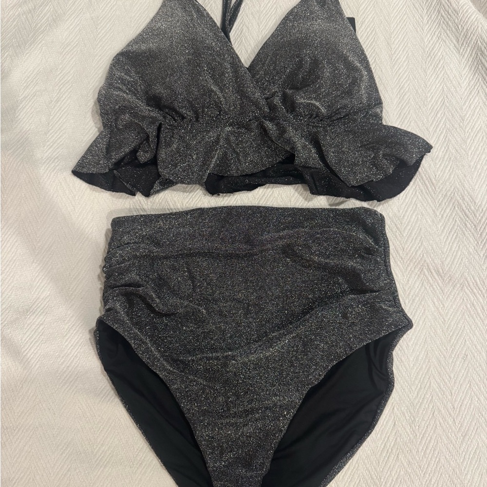 Shimmery Black High-Waist Bikini Set - Women's Swim